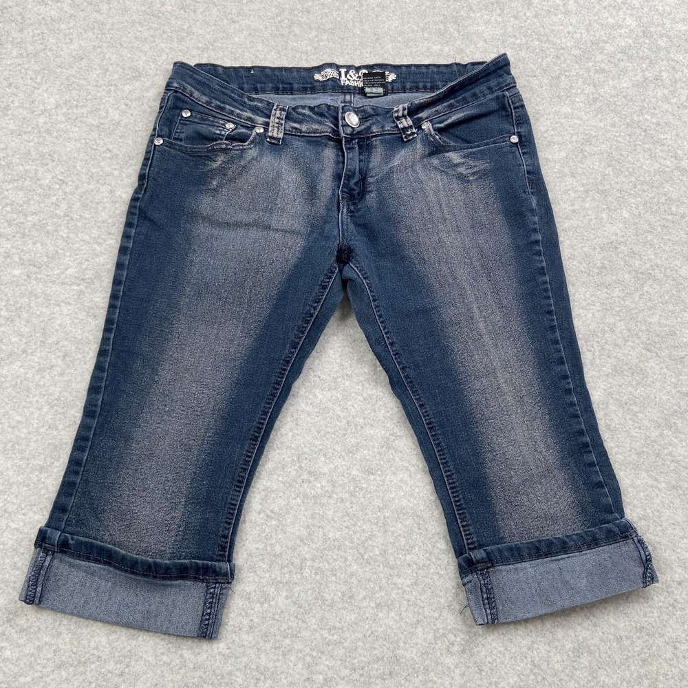 I&P Fashion Capri Jeans Juniors 13 32x15 Blue Cuffed Embroidered Rhinestone